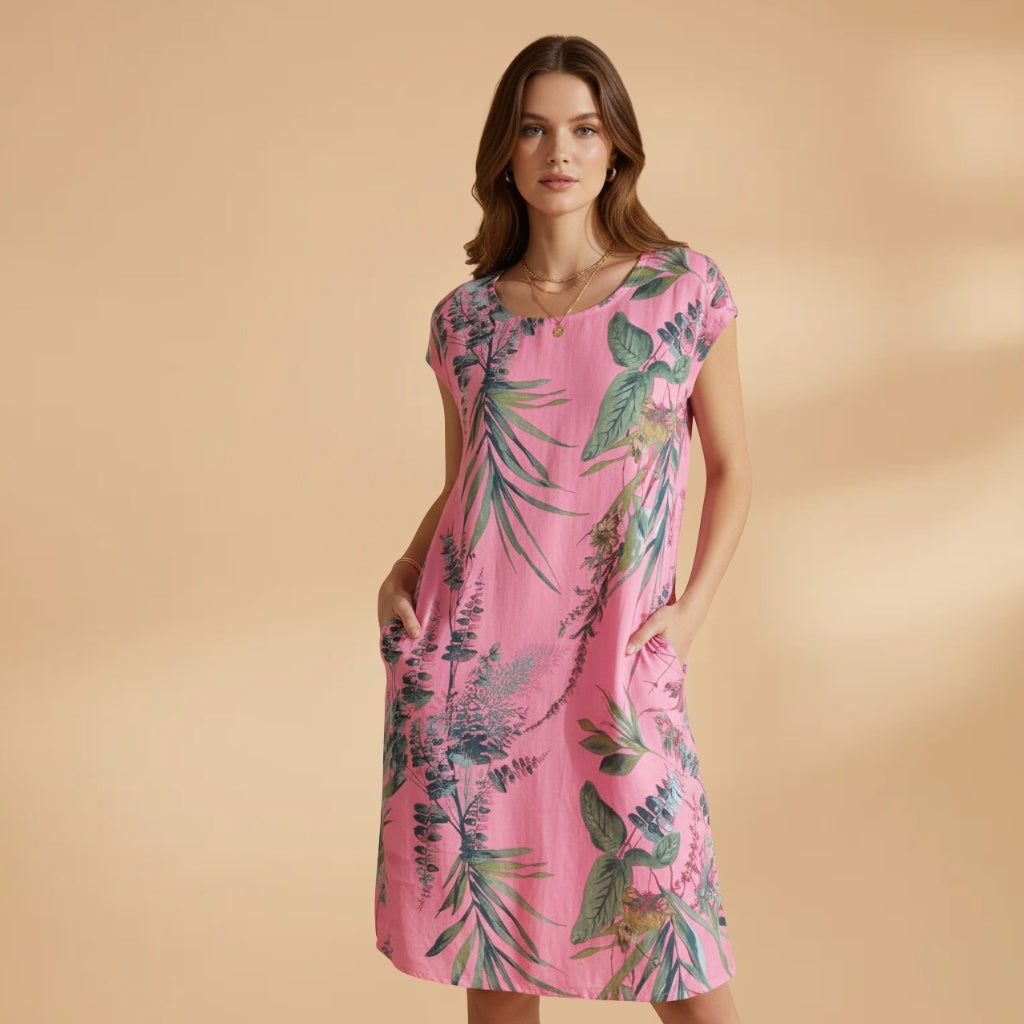 Lúcia | Vestido Midi de Verão Estampado Mulher Manga Curta