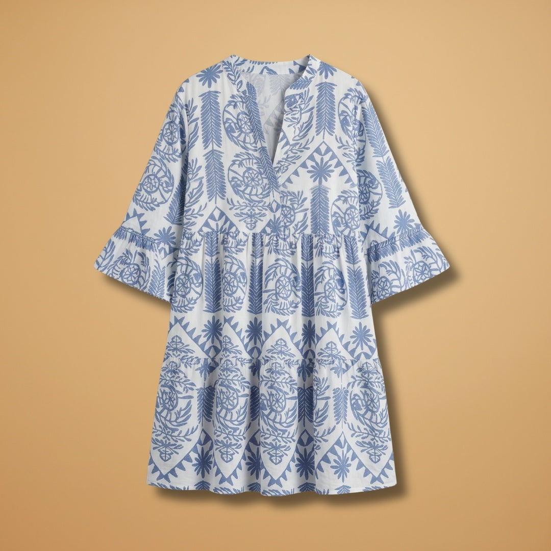 Fátima | Vestido Midi de Verão Estampado Mulher Manga Sino