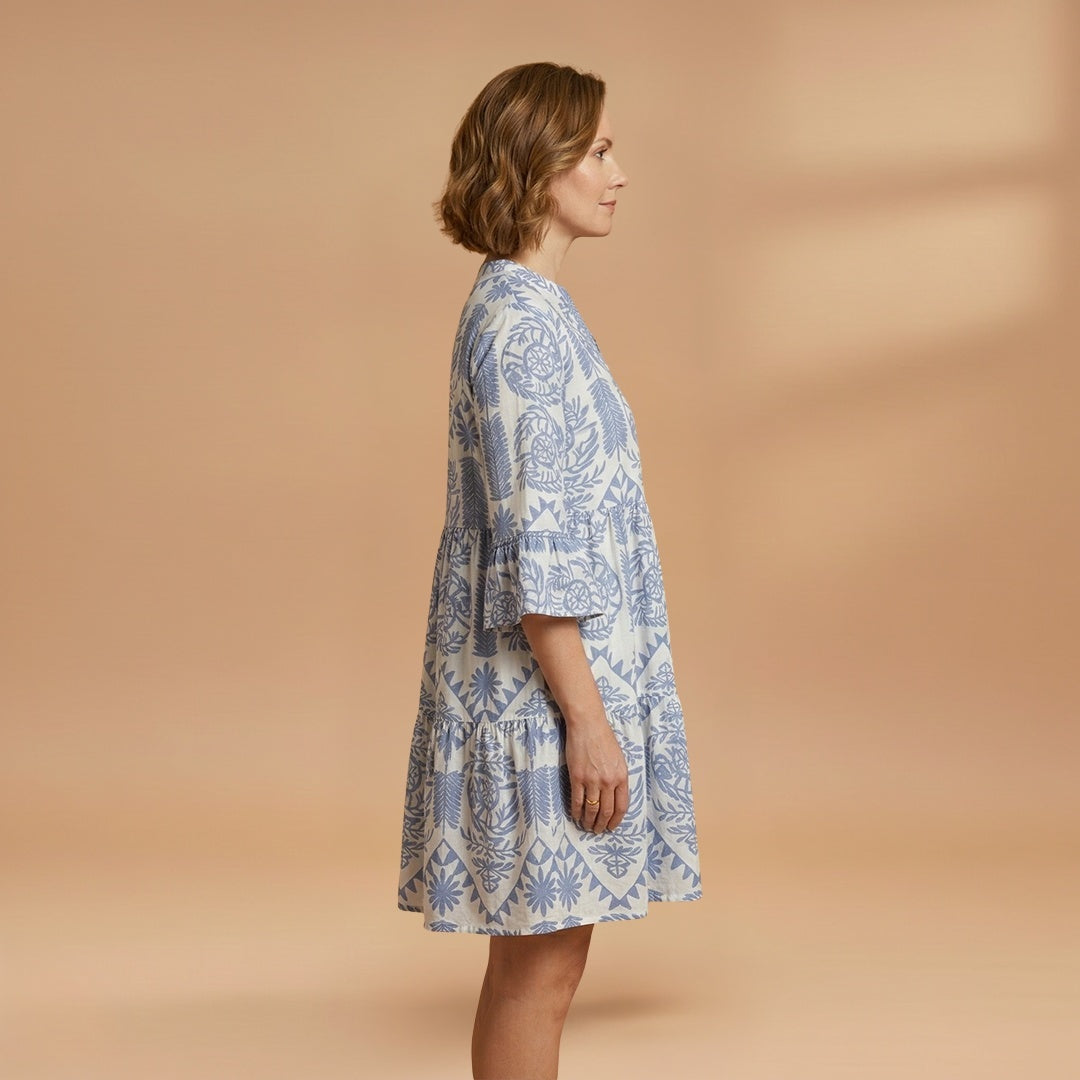 Fátima | Vestido Midi de Verão Estampado Mulher Manga Sino