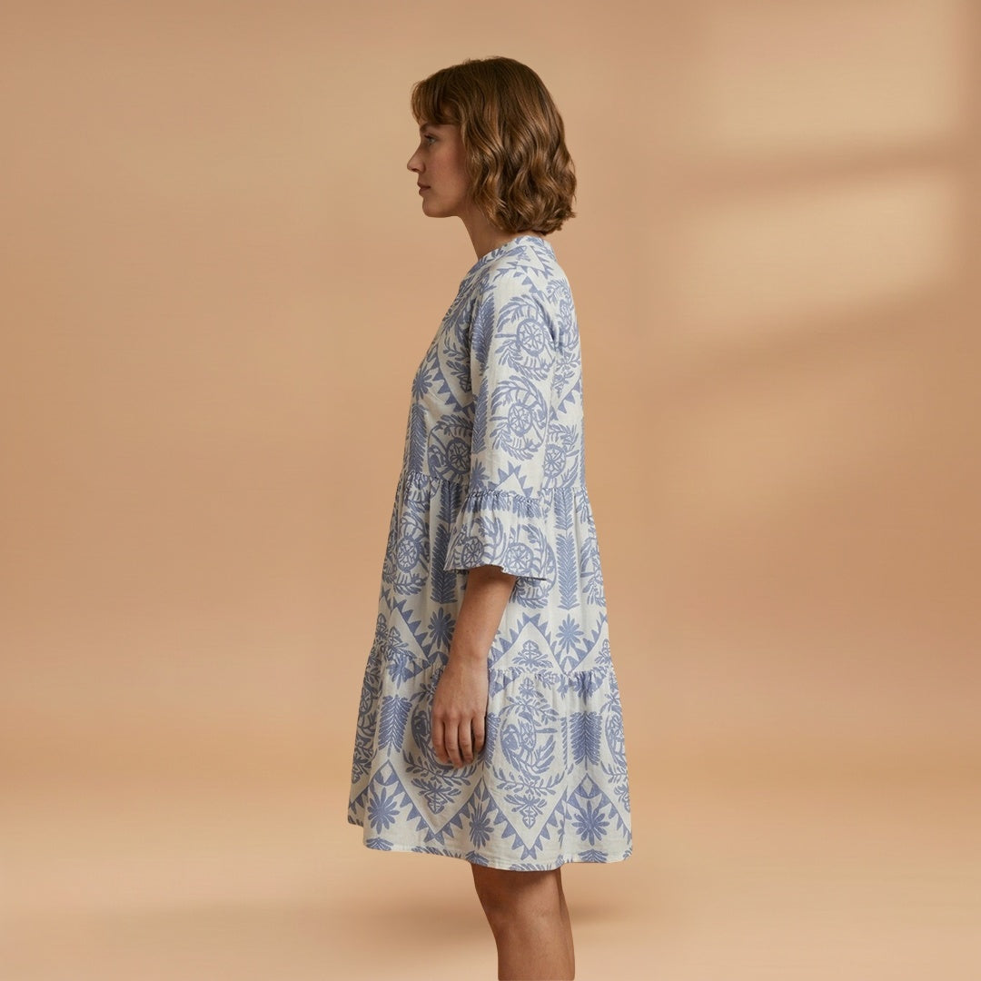 Fátima | Vestido Midi de Verão Estampado Mulher Manga Sino