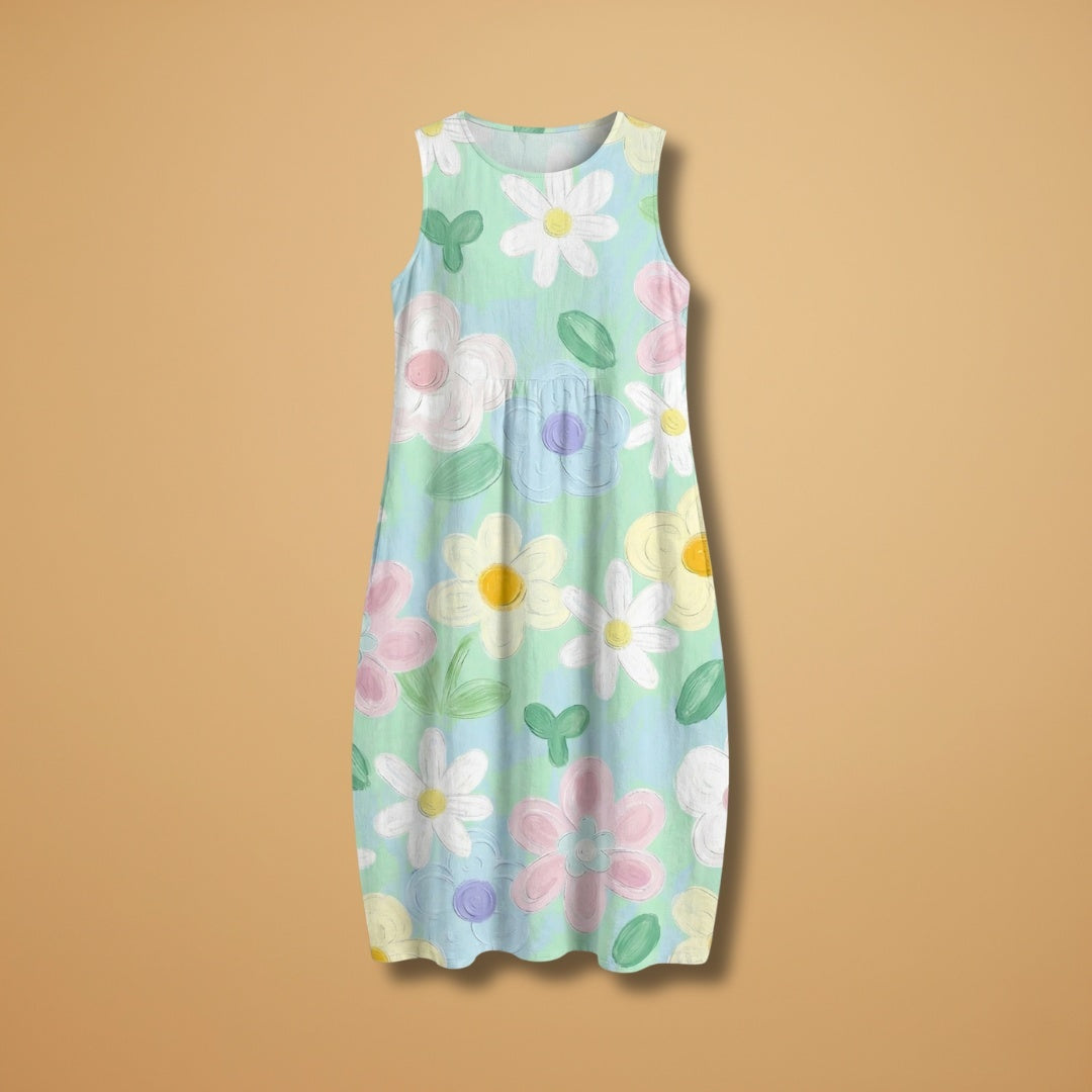 Fátima | Vestido Midi de Verão Estampado Mulher Sem Mangas