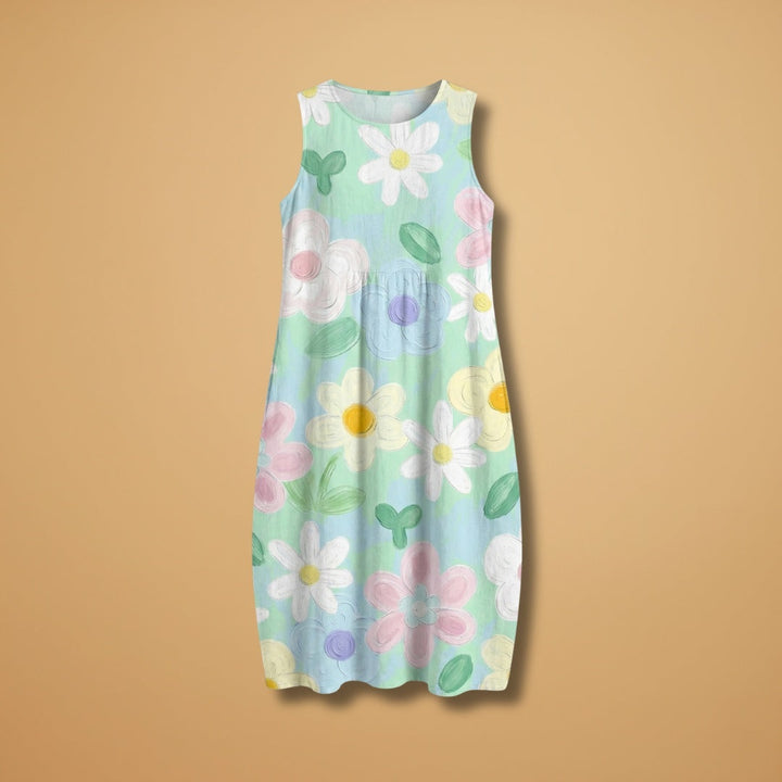 Fátima | Vestido Midi de Verão Estampado Mulher Sem Mangas