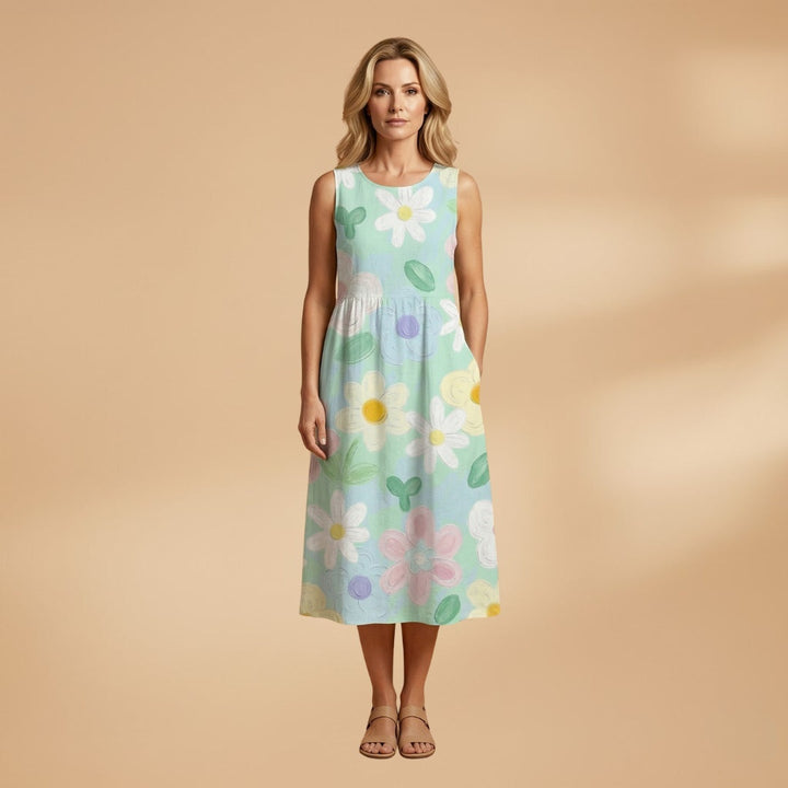 Fátima | Vestido Midi de Verão Estampado Mulher Sem Mangas