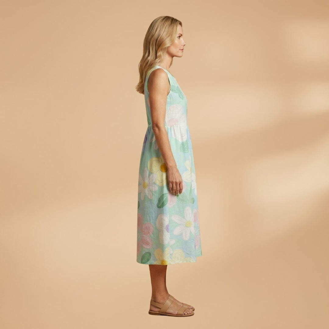 Fátima | Vestido Midi de Verão Estampado Mulher Sem Mangas