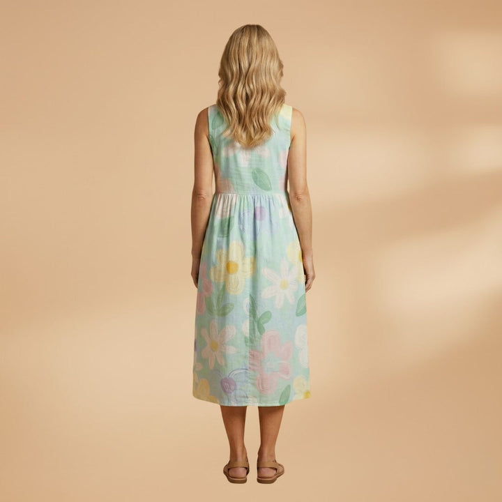 Fátima | Vestido Midi de Verão Estampado Mulher Sem Mangas