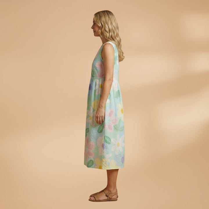 Fátima | Vestido Midi de Verão Estampado Mulher Sem Mangas