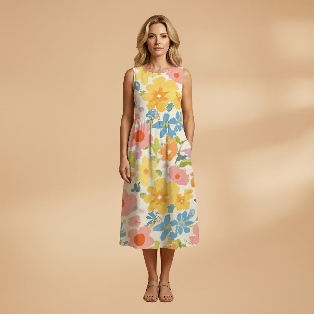 Fátima | Vestido Midi de Verão Estampado Mulher Sem Mangas