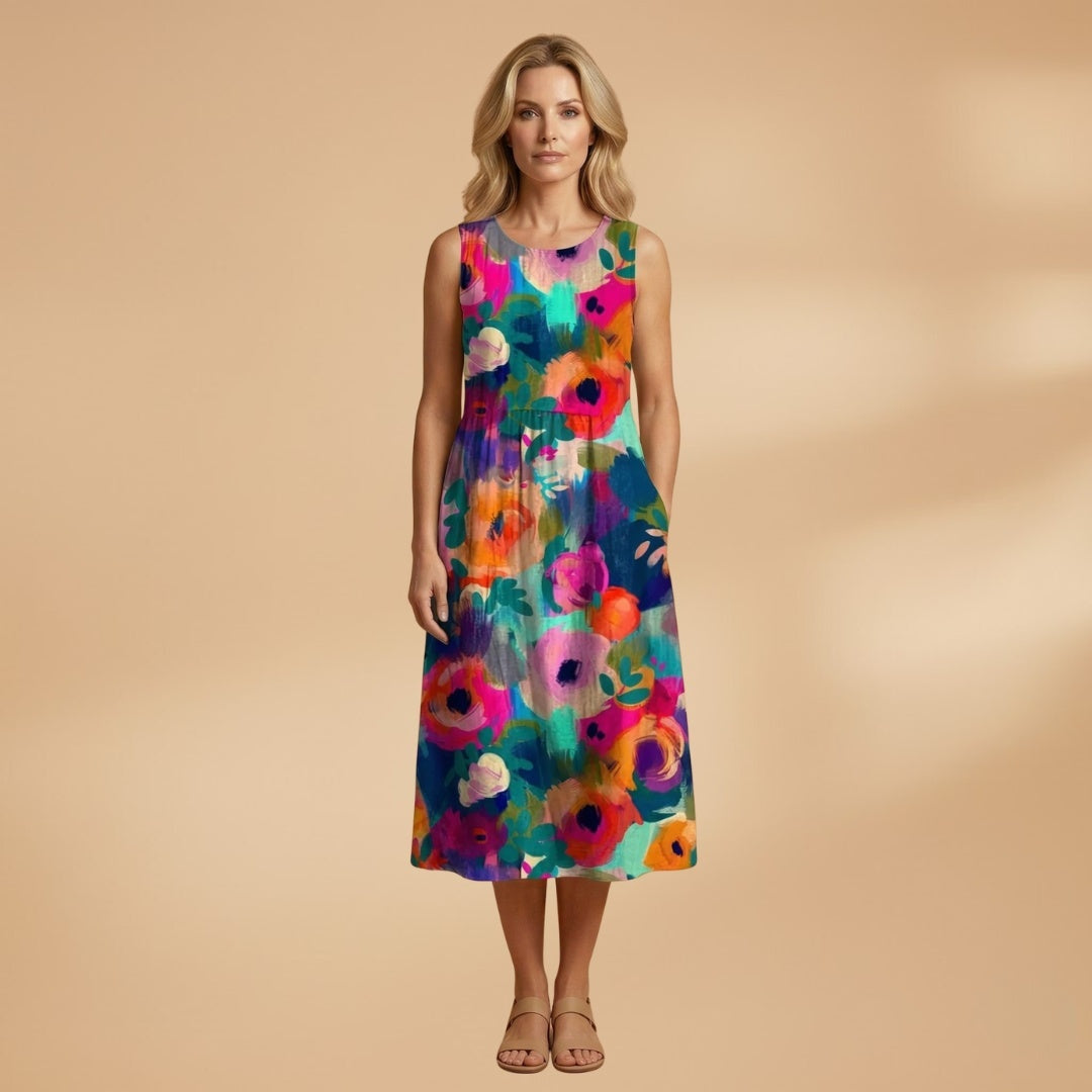 Fátima | Vestido Midi de Verão Estampado Mulher Sem Mangas