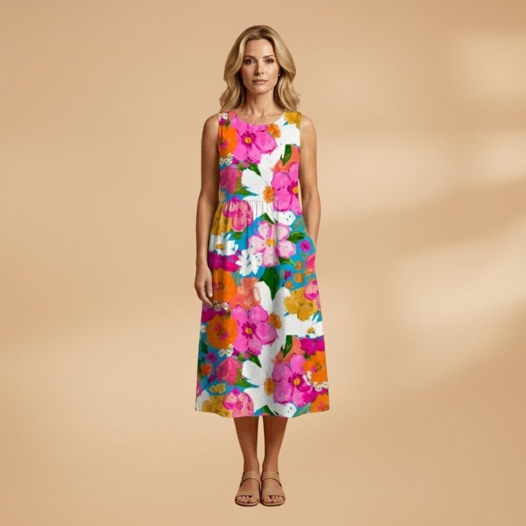 Fátima | Vestido Midi de Verão Estampado Mulher Sem Mangas