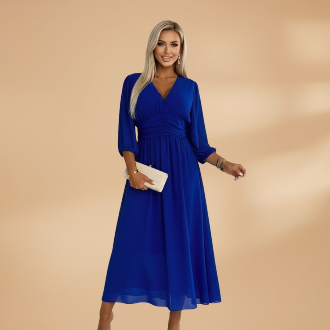 Dina | Vestido Midi Decote V Mulher Manga Comprida