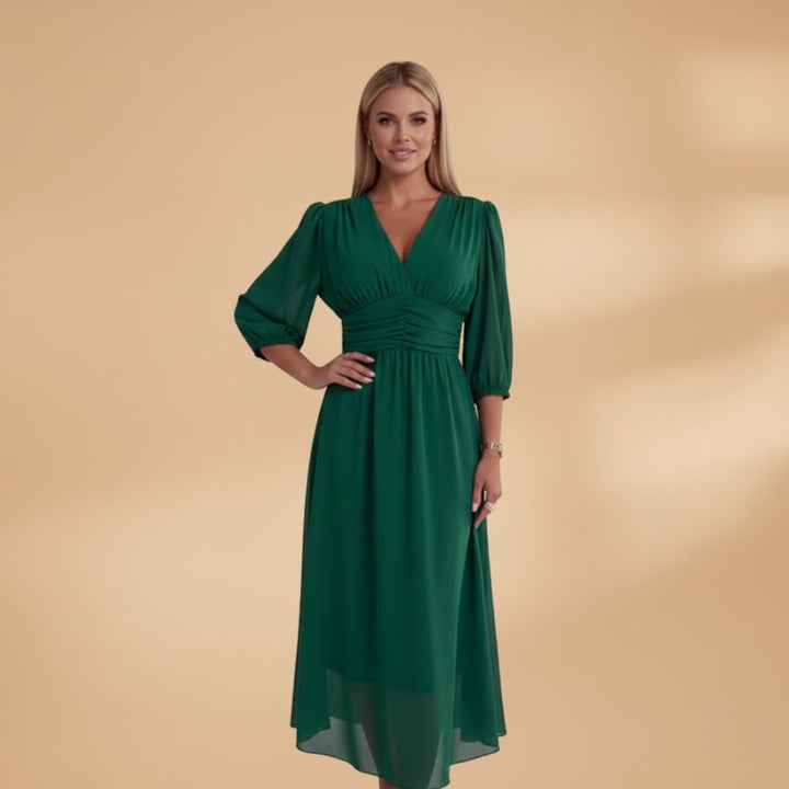 Dina | Vestido Midi Decote V Mulher Manga Comprida