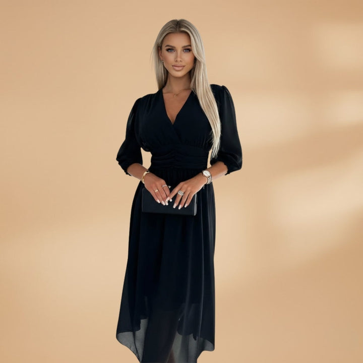 Dina | Vestido Midi Decote V Mulher Manga Comprida