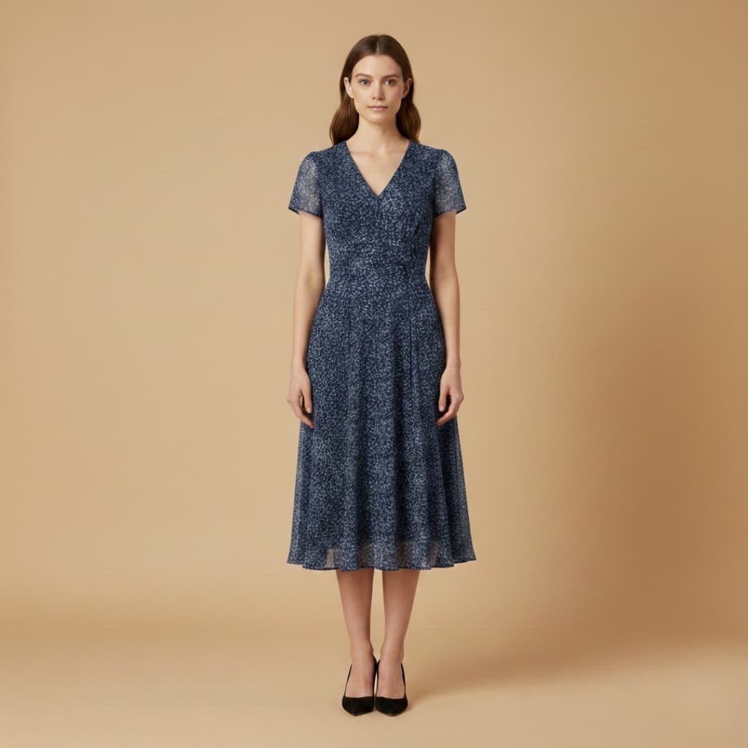 Fernanda | Vestido Midi Decote V Mulher Manga Curta