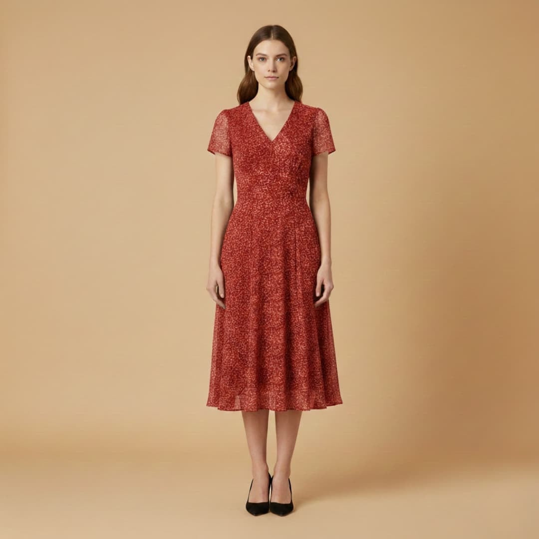 Fernanda | Vestido Midi Decote V Mulher Manga Curta