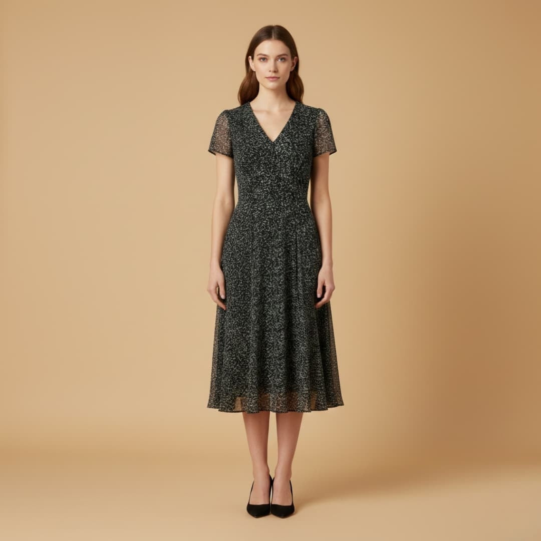 Fernanda | Vestido Midi Decote V Mulher Manga Curta