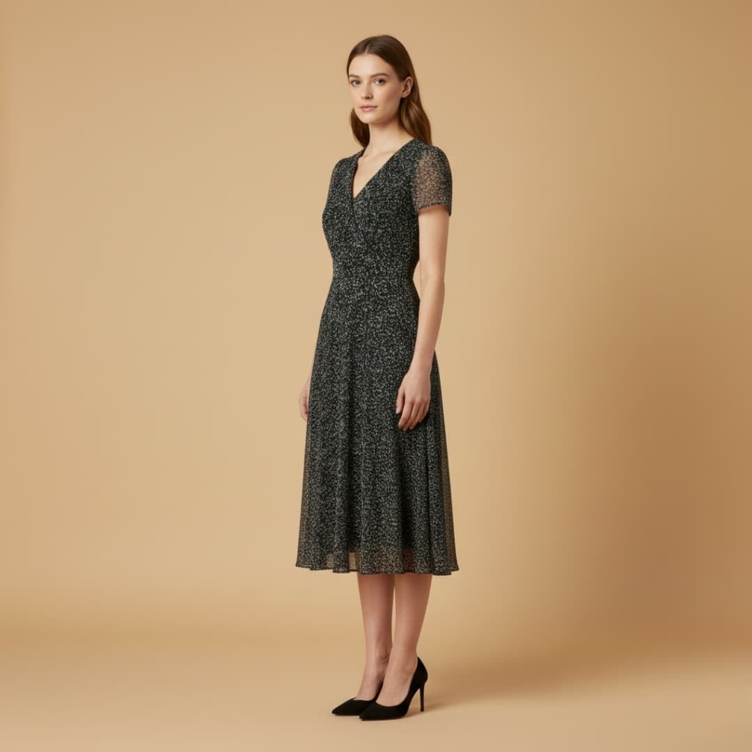Fernanda | Vestido Midi Decote V Mulher Manga Curta