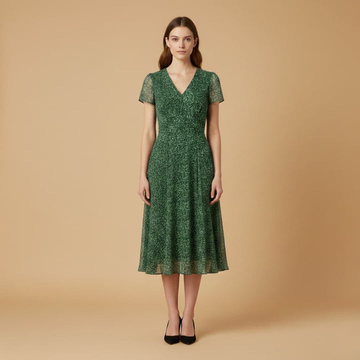 Fernanda | Vestido Midi Decote V Mulher Manga Curta