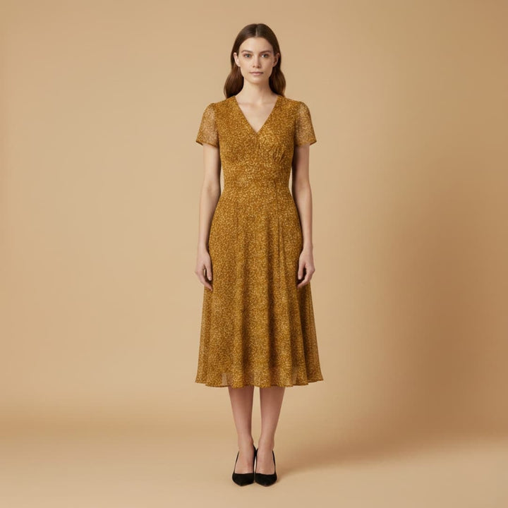 Fernanda | Vestido Midi Decote V Mulher Manga Curta