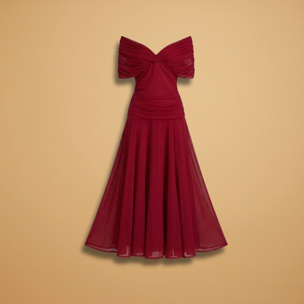 Diana | Vestido Midi Drapeado Ombros Descobertos Mulher