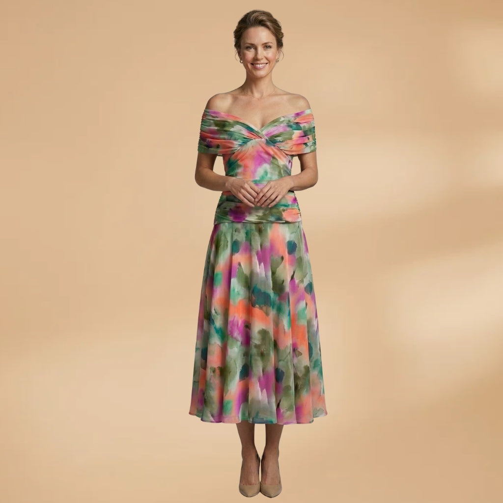 Diana | Vestido Midi Drapeado Ombros Descobertos Mulher