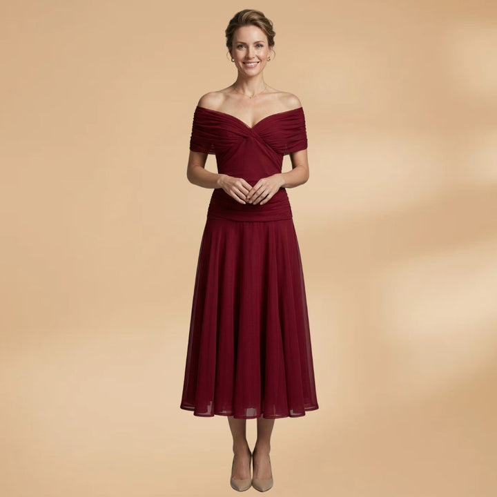 Diana | Vestido Midi Drapeado Ombros Descobertos Mulher