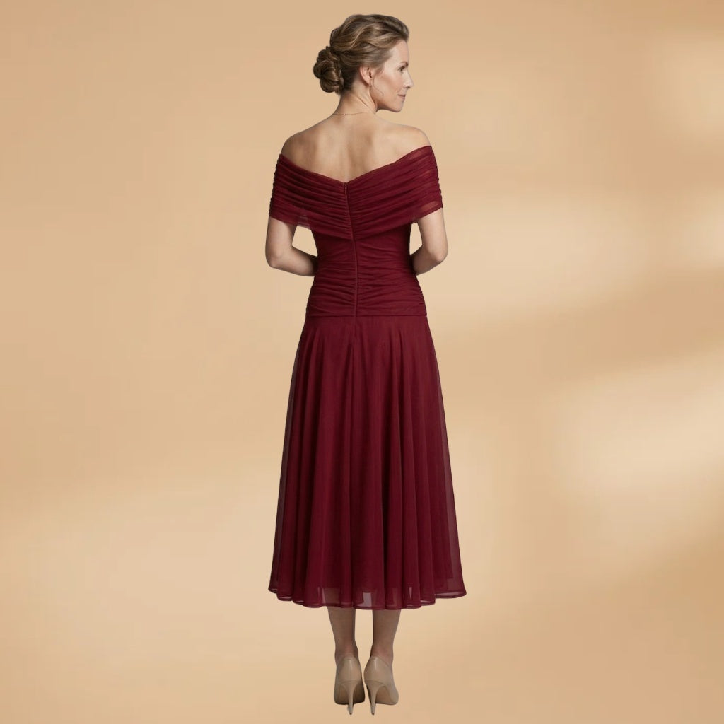Diana | Vestido Midi Drapeado Ombros Descobertos Mulher