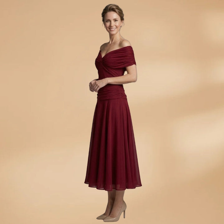 Diana | Vestido Midi Drapeado Ombros Descobertos Mulher