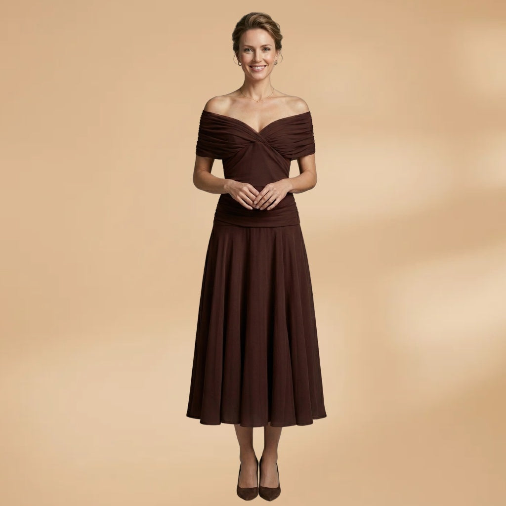 Diana | Vestido Midi Drapeado Ombros Descobertos Mulher