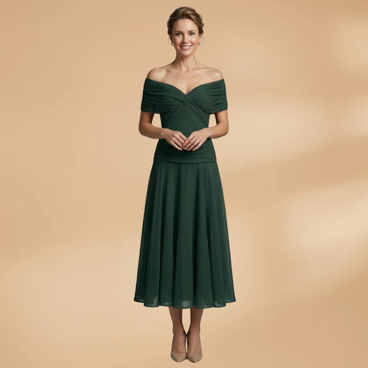 Diana | Vestido Midi Drapeado Ombros Descobertos Mulher