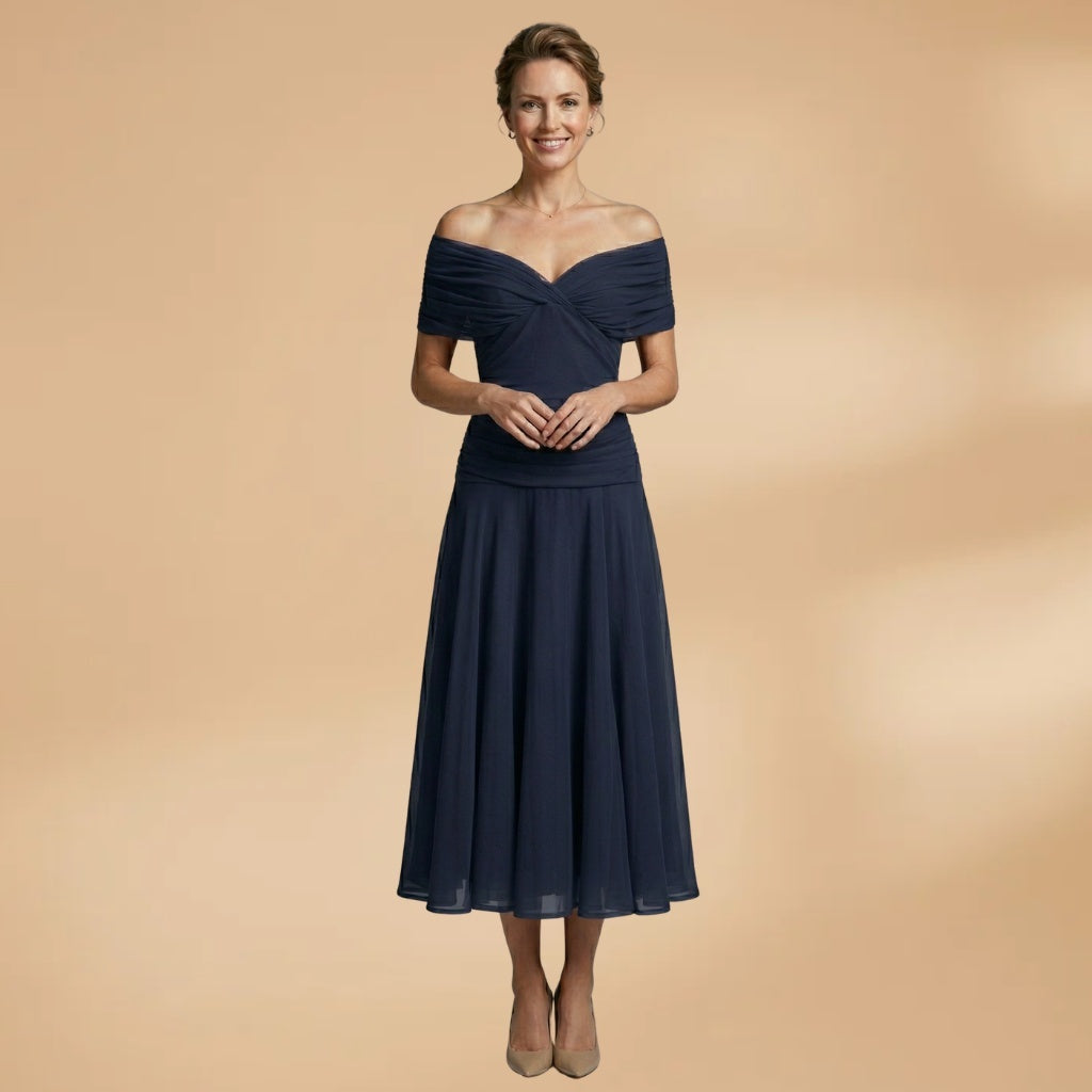 Diana | Vestido Midi Drapeado Ombros Descobertos Mulher