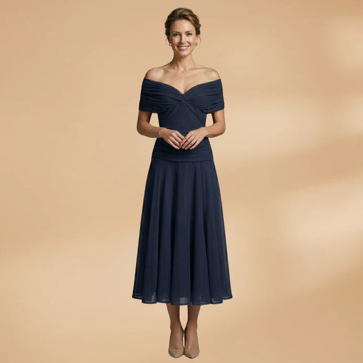 Diana | Vestido Midi Drapeado Ombros Descobertos Mulher