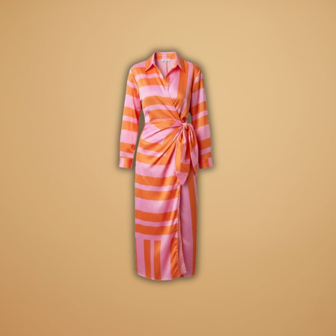 Matilde | Vestido Midi Envelope Listrado Mulher Manga Comprida
