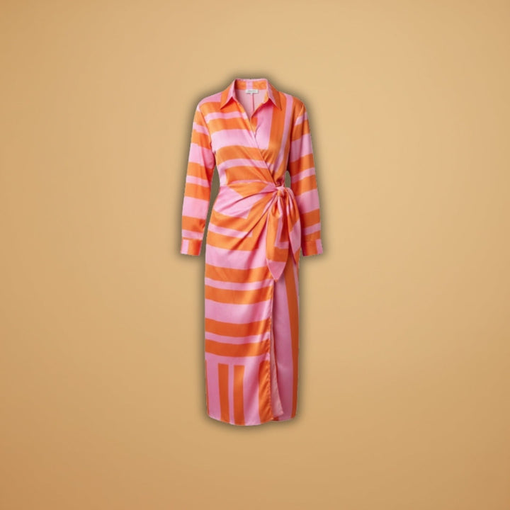 Matilde | Vestido Midi Envelope Listrado Mulher Manga Comprida