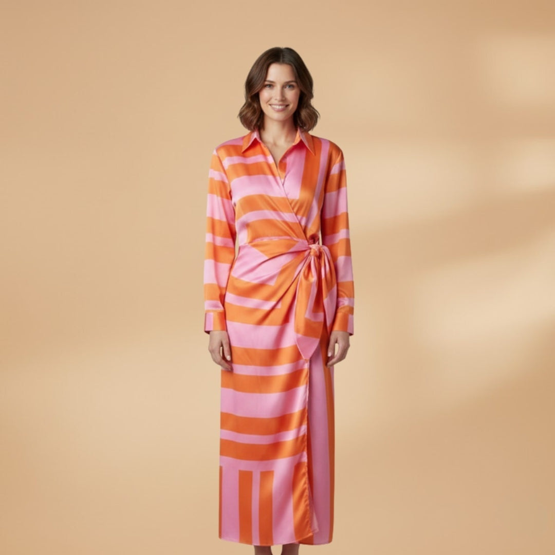 Matilde | Vestido Midi Envelope Listrado Mulher Manga Comprida