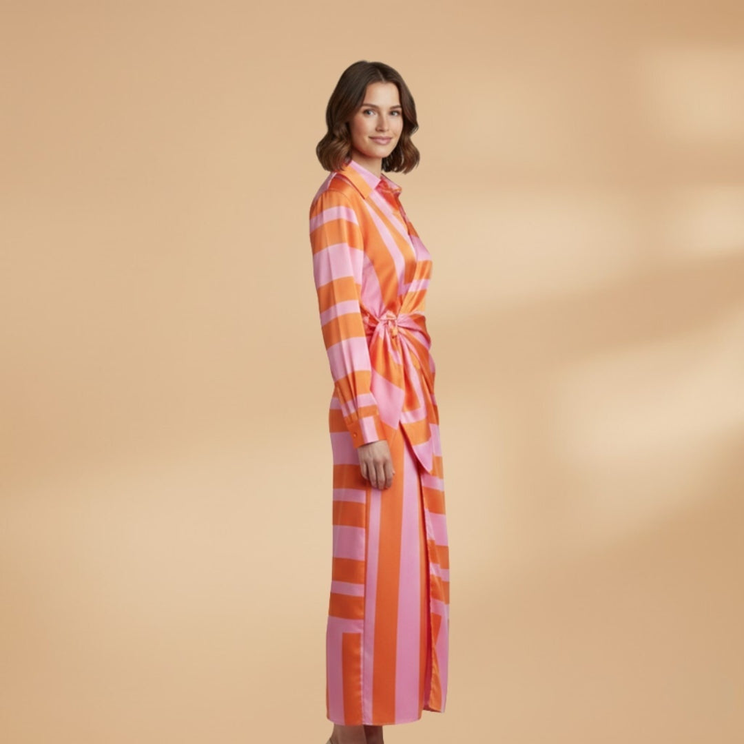 Matilde | Vestido Midi Envelope Listrado Mulher Manga Comprida