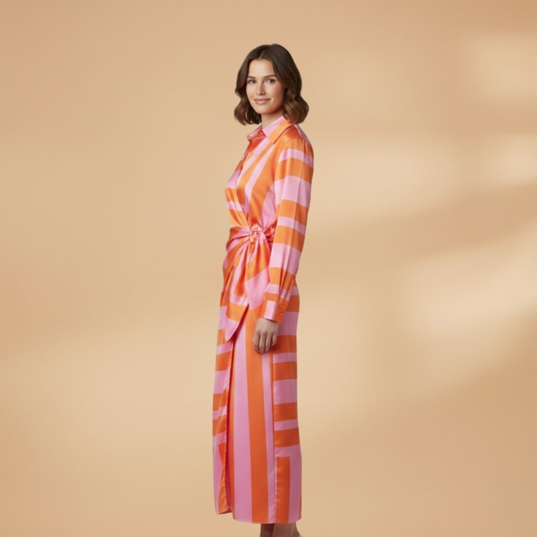 Matilde | Vestido Midi Envelope Listrado Mulher Manga Comprida