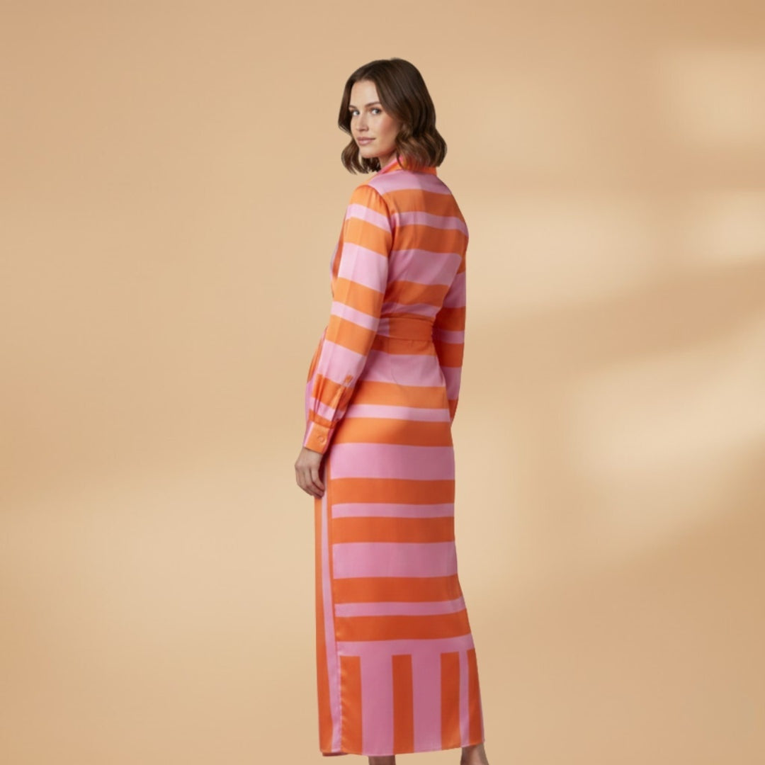 Matilde | Vestido Midi Envelope Listrado Mulher Manga Comprida