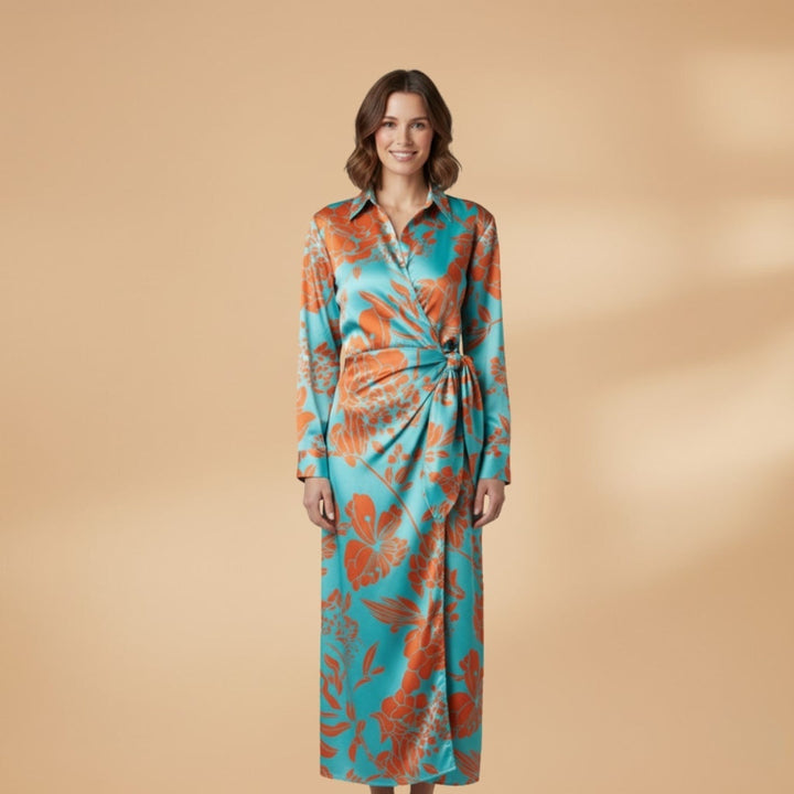 Matilde | Vestido Midi Envelope Listrado Mulher Manga Comprida