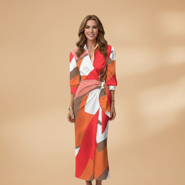 Matilde | Vestido Midi Envelope Listrado Mulher Manga Comprida