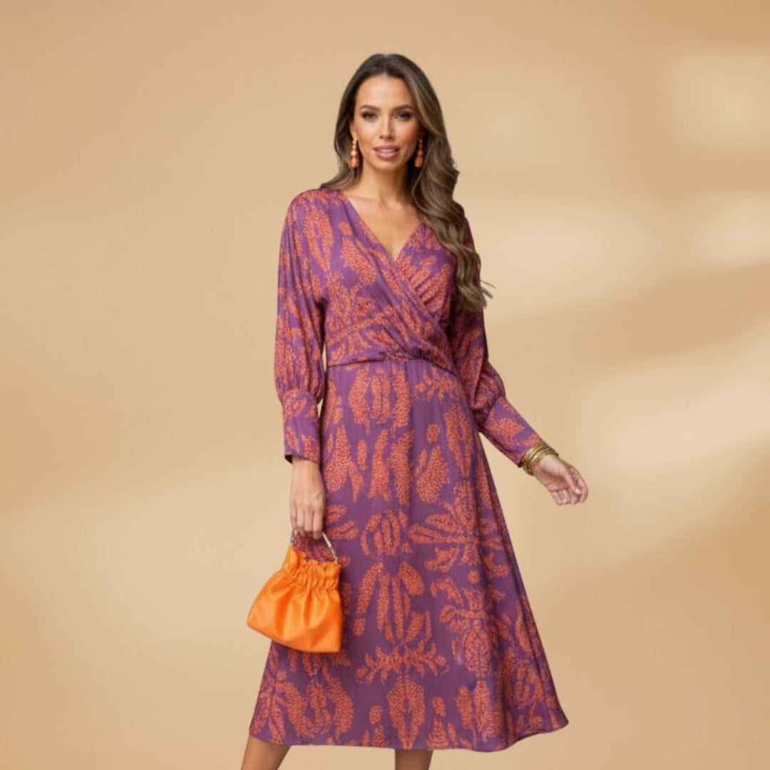 Mariana | Vestido Midi Envolvente Estampado Mulher Manga Comprida