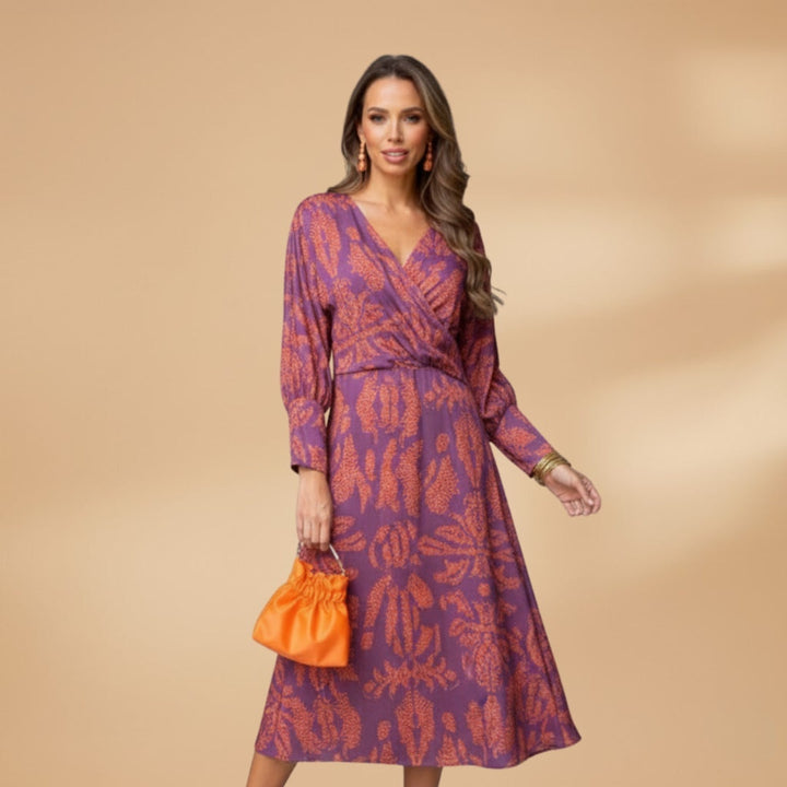 Mariana | Vestido Midi Envolvente Estampado Mulher Manga Comprida
