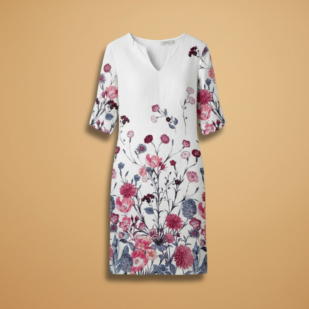 Leonor | Vestido Midi Estampado de Verão Mulher Decote V