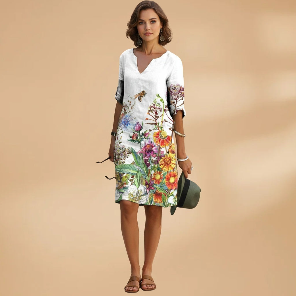 Leonor | Vestido Midi Estampado de Verão Mulher Decote V
