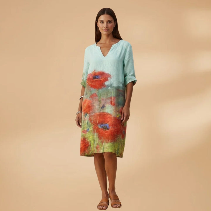 Leonor | Vestido Midi Estampado de Verão Mulher Decote V