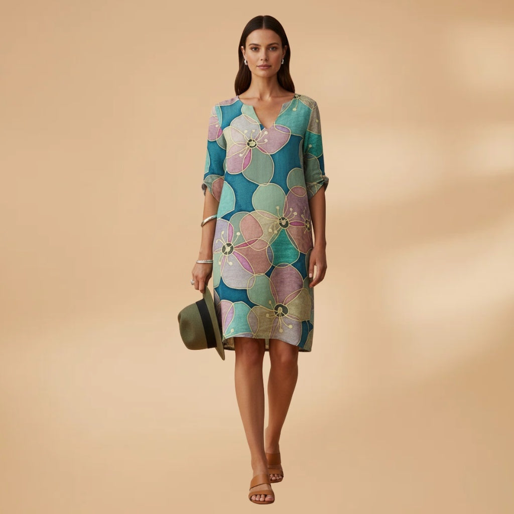 Leonor | Vestido Midi Estampado de Verão Mulher Decote V