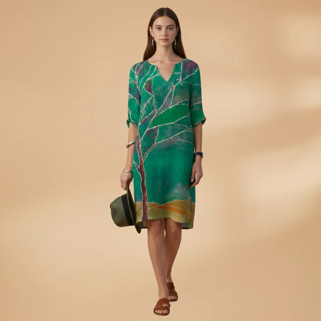 Leonor | Vestido Midi Estampado de Verão Mulher Decote V