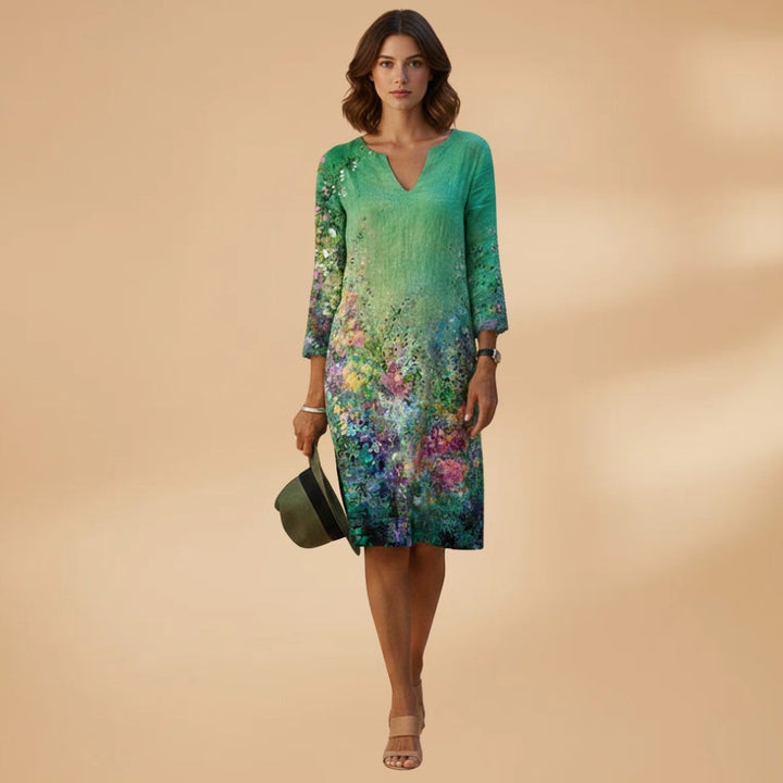 Leonor | Vestido Midi Estampado de Verão Mulher Decote V