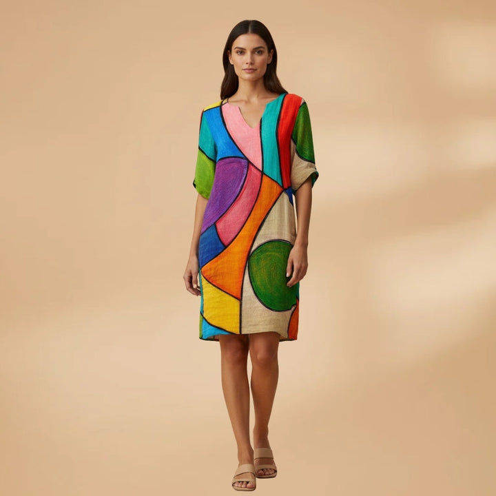 Leonor | Vestido Midi Estampado de Verão Mulher Decote V