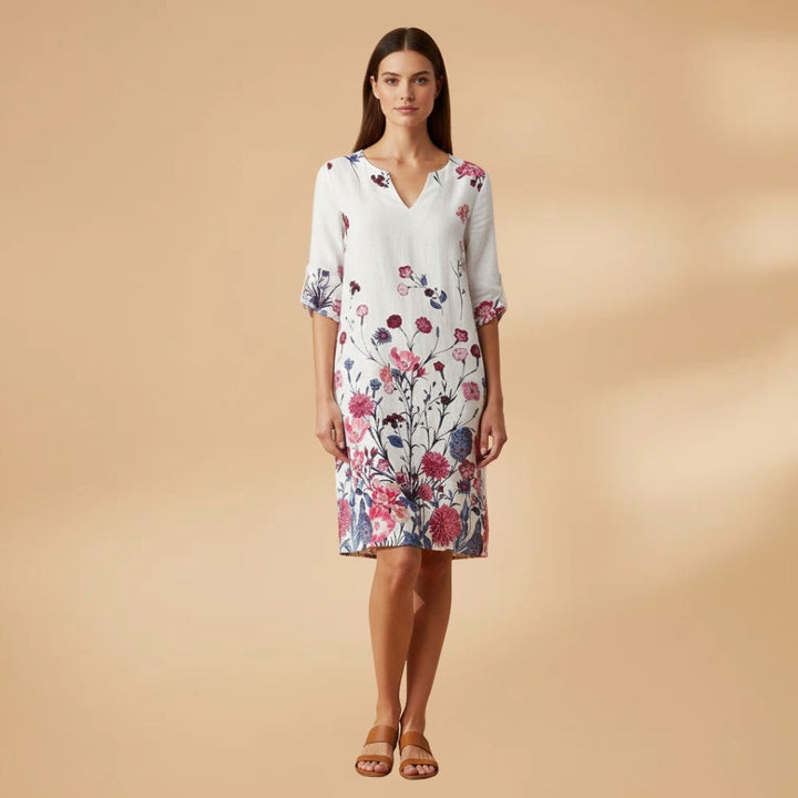 Leonor | Vestido Midi Estampado de Verão Mulher Decote V