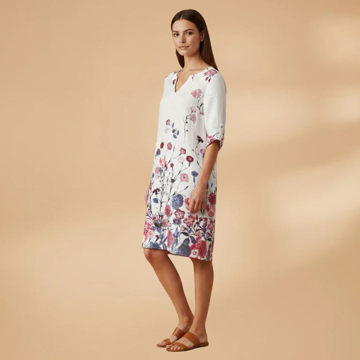 Leonor | Vestido Midi Estampado de Verão Mulher Decote V